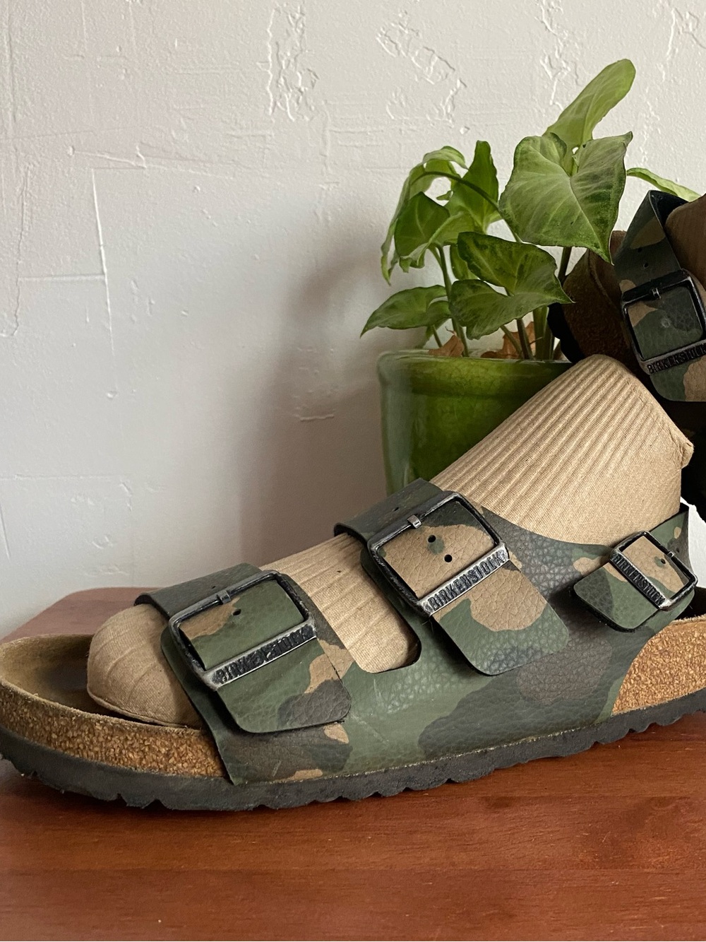 Pre-owned Birkenstock Milano Camouflage Buckle Sandals - Green 38/7 Unisex